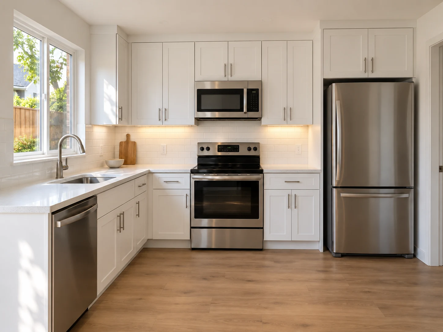 Illustrative standard kitchen with white cabinets, quartz countertops and stainless-steel appliances