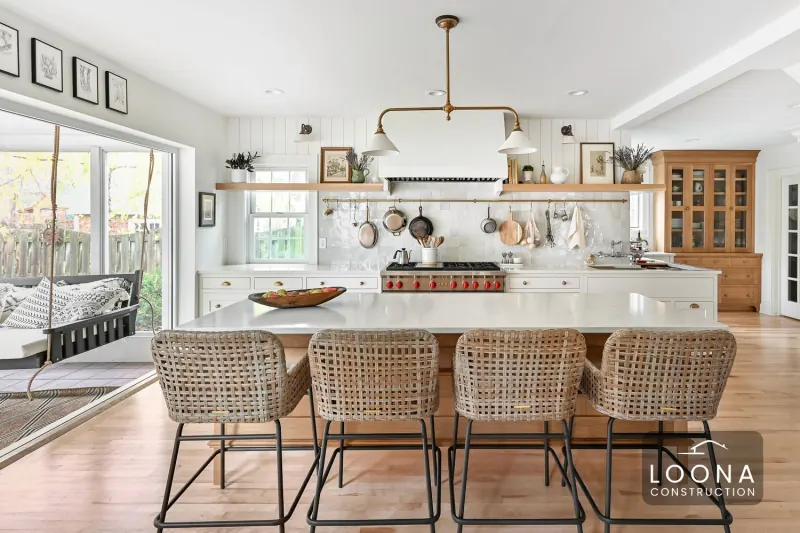 Open kitchen with woven stools, Palo Alto