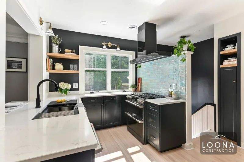 Dark kitchen with glass tile, San Jose
