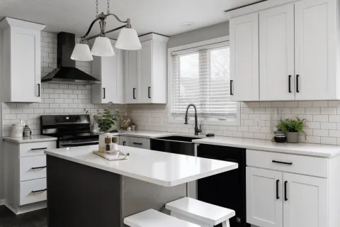 White kitchen with black island in Newark