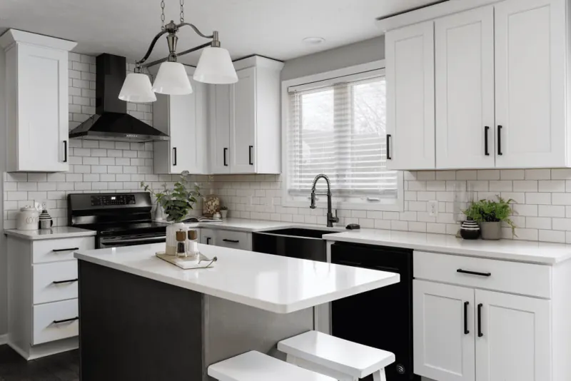 White kitchen with black island, Newark