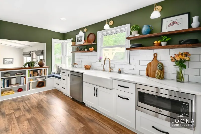 Green kitchen with open shelves, Union City