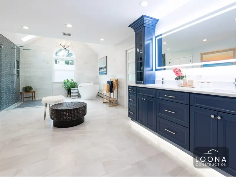 Bathroom with navy vanity, Palo Alto