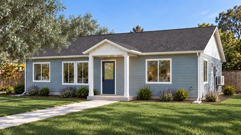 3 Bed ADU 1100, transitional farmhouse exterior (3D rendering)