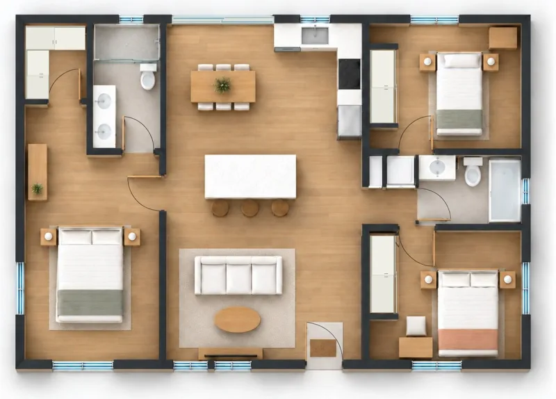 3 Bed ADU 1100 floor plan, front of the ADU at the bottom