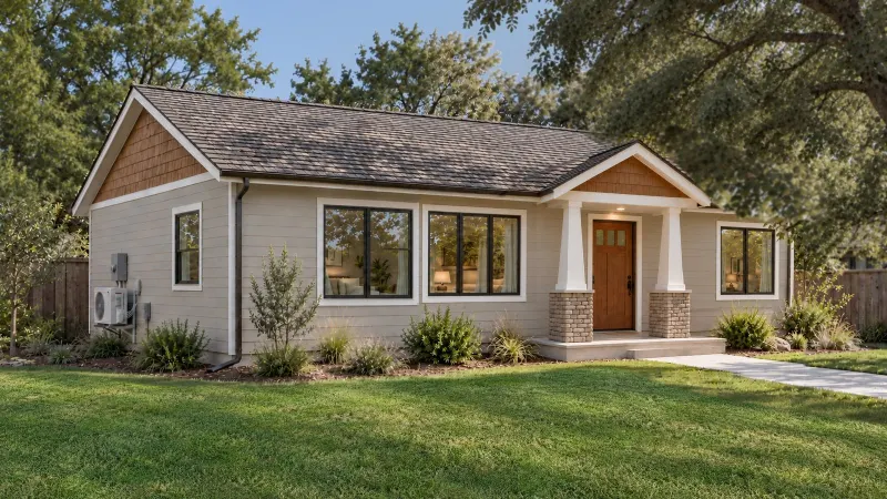 3 Bed ADU 1200, craftsman ranch exterior (3D rendering)