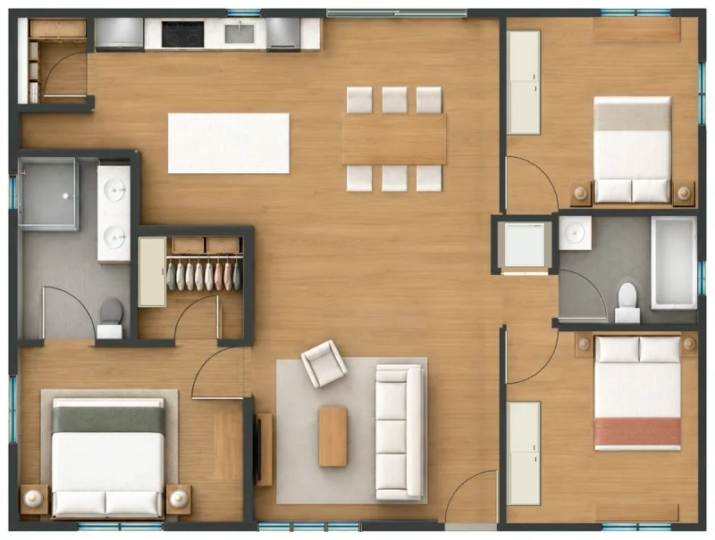 3 Bed ADU 1200 floor plan, front of the ADU at the bottom