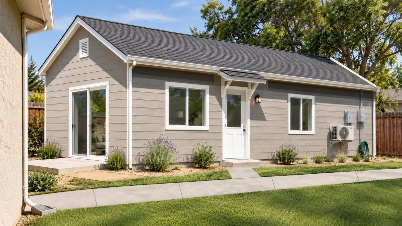 1 Bed ADU 450, classic cottage exterior (3D rendering)
