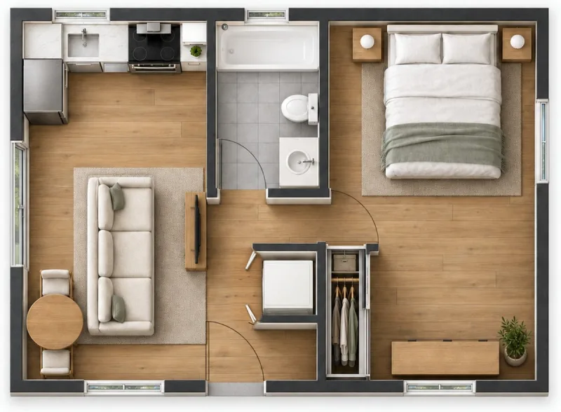 1 Bed ADU 450 floor plan, front of the ADU at the bottom