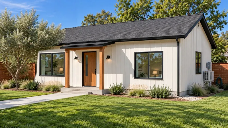 1 Bed ADU 600, modern farmhouse exterior (3D rendering)