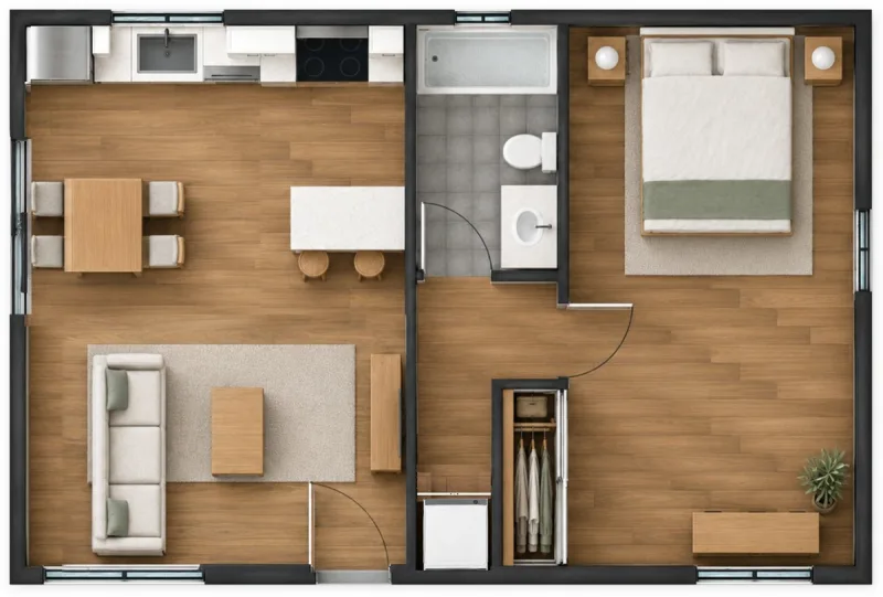 1 Bed ADU 600 floor plan, front of the ADU at the bottom