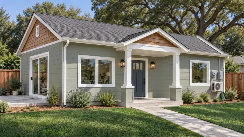 2 Bed ADU 750, craftsman exterior (3D rendering)