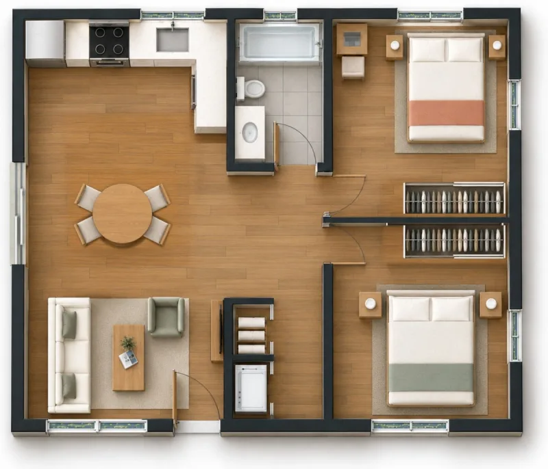 2 Bed ADU 750 floor plan, front of the ADU at the bottom