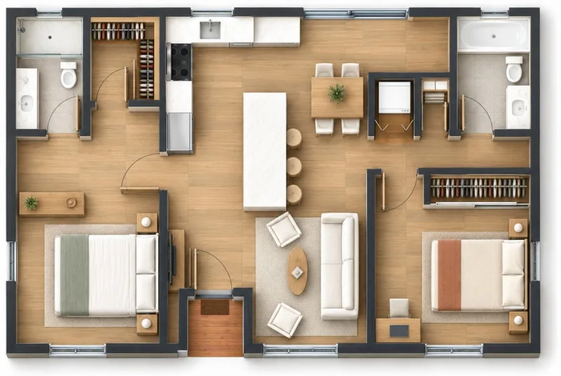 2 Bed ADU 900 floor plan, front of the ADU at the bottom