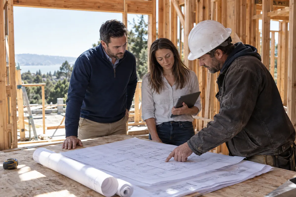Designer, engineer and site lead reviewing plans on a job site