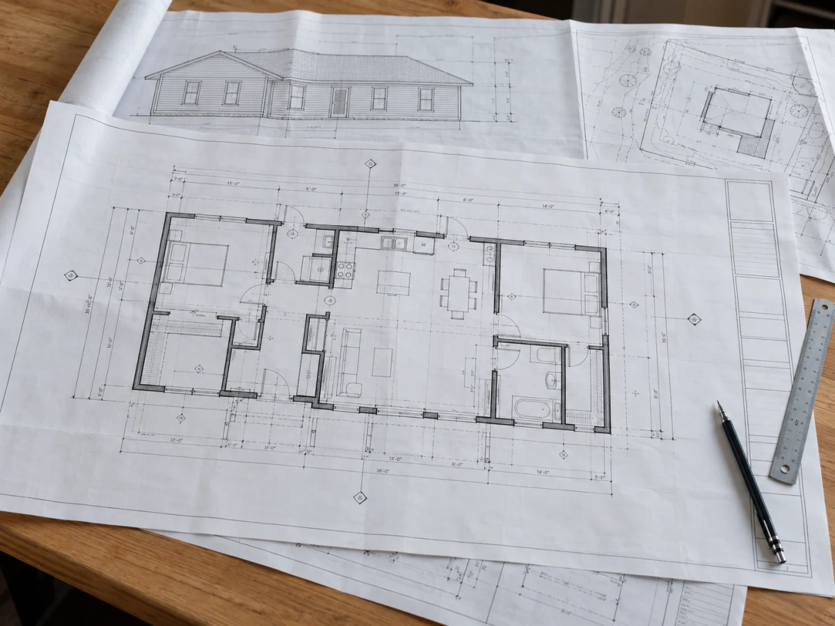 Architectural plans spread across a table